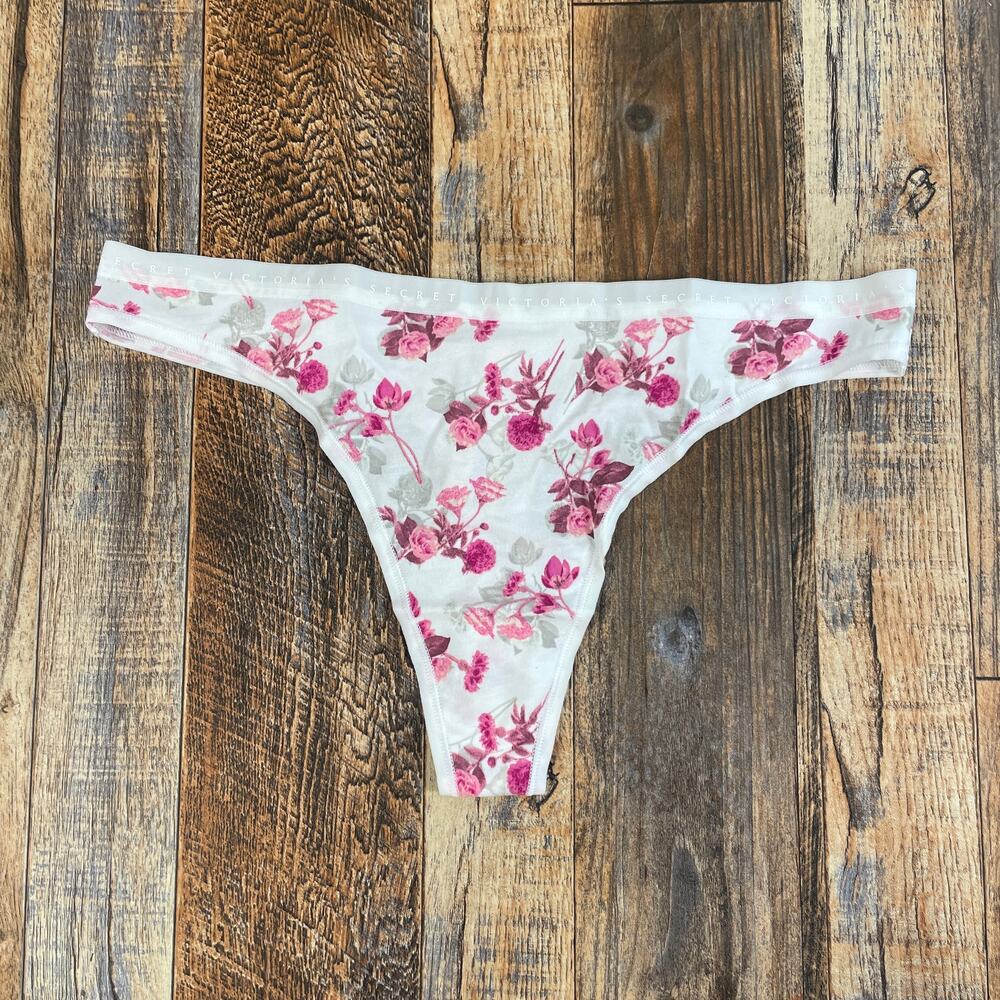Victoria's Secret Women' Large White Floral Stretch Cotton Modal Thong Panty